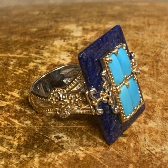 Gems En Vogue Ring Sz 9 Sterling Silver Two Tone, Lapis & Turquoise M. Valitutti - Picture 5 of 9